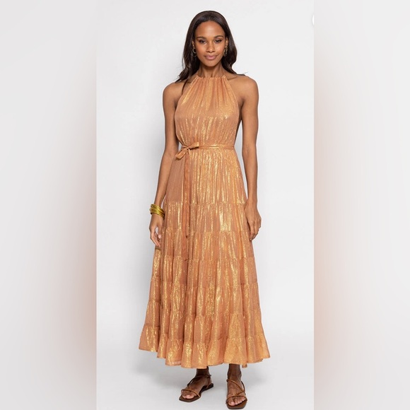 NWT Sundress Sophie Revolve Shiny Metallic Halter Maxi Resort DRESS in SAND Gold - Picture 4 of 14